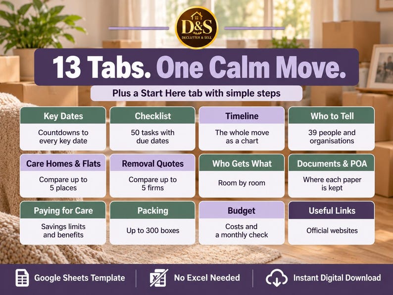May include: A digital organisational tool titled 13 Tabs. One Calm Move. featuring a D&S Declutter & Sell logo. It includes a Start Here tab and 13 categorised sections for moving tasks, checklists, timelines, quotes, and documents in Google Sheets.