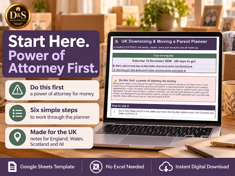 May include: A laptop displaying a UK Downsizing and Moving a Parent Planner Google Sheets template. The screen shows sections for moving day, a power of attorney for money, and instructions. Text includes Start Here. Power of Attorney First.