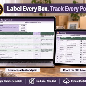 May include: A laptop and tablet displaying digital moving budget and packing spreadsheets. The screens show tables with columns for costs, estimates, and box contents. Text at the top reads Label Every Box. Track Every Pound. Icons indicate Google Sheets compatibility and instant digital download.
