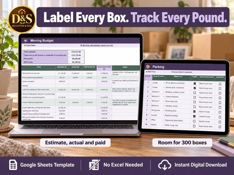 May include: A laptop and tablet displaying digital moving budget and packing spreadsheets. The screens show tables with columns for costs, estimates, and box contents. Text at the top reads Label Every Box. Track Every Pound. Icons indicate Google Sheets compatibility and instant digital download.