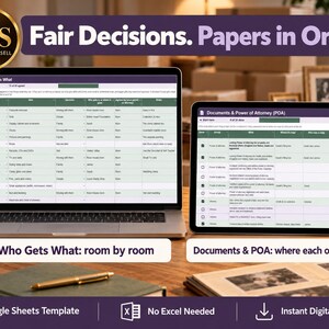 May include: A digital organisation tool displayed on a laptop and tablet screen, featuring spreadsheets titled Who Gets What and Documents & Power of Attorney. The interface includes green and white rows for tracking items and legal documents.