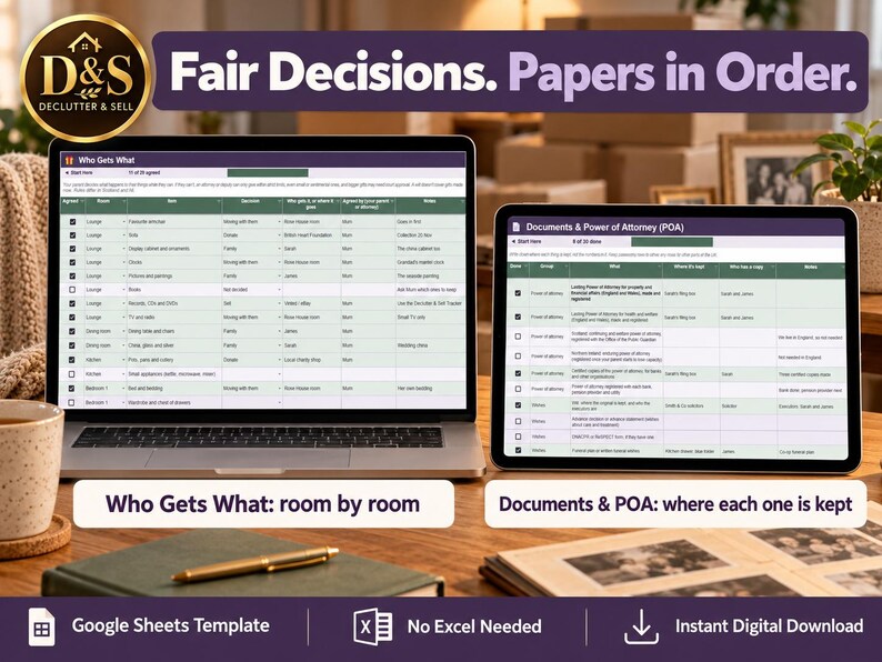 May include: A digital organisation tool displayed on a laptop and tablet screen, featuring spreadsheets titled Who Gets What and Documents & Power of Attorney. The interface includes green and white rows for tracking items and legal documents.