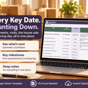 May include: A digital Google Sheets template for tracking key dates, assessments, and moving milestones. The screen displays a table with columns for tasks, dates, countdowns, and notes, alongside text promoting an instant digital download.