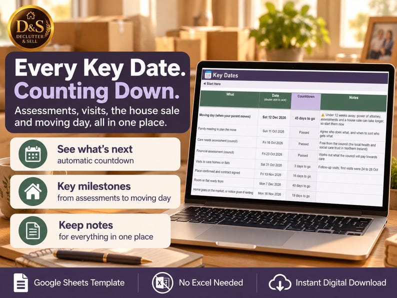 May include: A digital Google Sheets template for tracking key dates, assessments, and moving milestones. The screen displays a table with columns for tasks, dates, countdowns, and notes, alongside text promoting an instant digital download.