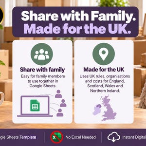 May include: A digital Google Sheets template graphic featuring the text Share with Family. Made for the UK. It includes icons for family sharing, a map of the UK, and notes that it is for Google Sheets, requires no Excel, and is an instant digital download.