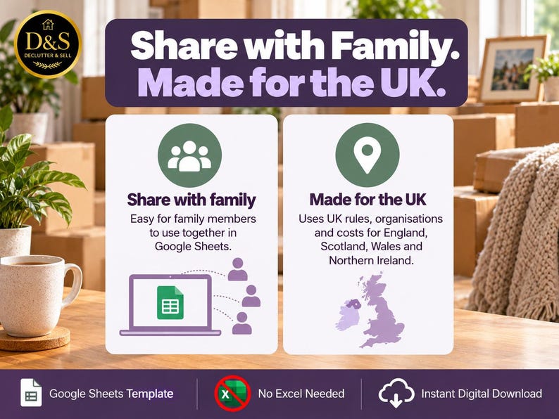 May include: A digital Google Sheets template graphic featuring the text Share with Family. Made for the UK. It includes icons for family sharing, a map of the UK, and notes that it is for Google Sheets, requires no Excel, and is an instant digital download.