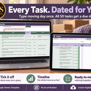 May include: A digital moving checklist template displayed on a laptop and tablet screen. The interface features columns for tasks, due dates, and notes, with text including Every Task. Dated for You. and Moving Checklist. The layout includes a timeline view and status indicators.