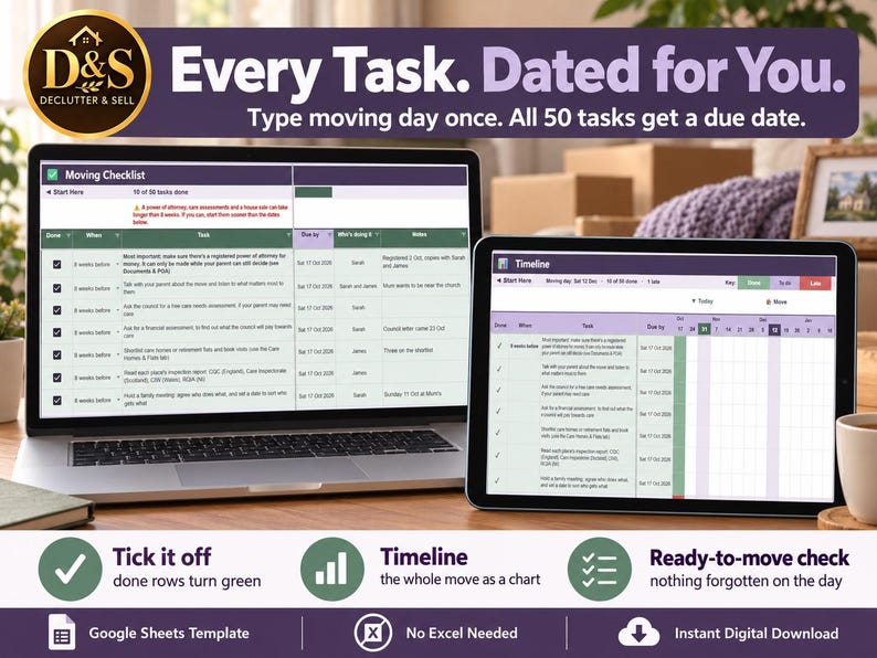May include: A digital moving checklist template displayed on a laptop and tablet screen. The interface features columns for tasks, due dates, and notes, with text including Every Task. Dated for You. and Moving Checklist. The layout includes a timeline view and status indicators.