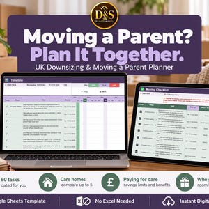 May include: A digital planner for downsizing and moving a parent, featuring a laptop and tablet displaying a timeline and moving checklist. The graphic includes the text Moving a Parent? Plan It Together. UK Downsizing & Moving a Parent Planner.