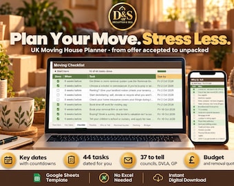 May include: A digital moving house planner displayed on a laptop and smartphone screen. The interface features a moving checklist with tasks, due dates, and progress tracking. Text includes Plan Your Move. Stress Less. UK Moving House Planner.