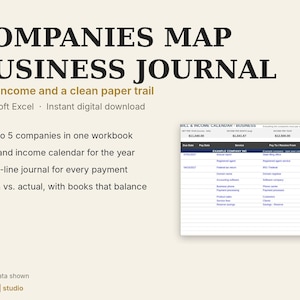May include: A digital business journal titled COMPANIES MAP BUSINESS JOURNAL with text detailing features like a bill and income calendar, one-line journal for payments, and a spreadsheet preview showing columns for due dates, services, and payees.