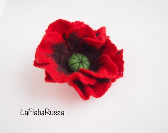 Red Poppy flowerMerino Wool Pin Hand Felt Flower Brooch for Women, Floral Accessories, Large felt flower, , Floral brooch by LaFiabaRussa