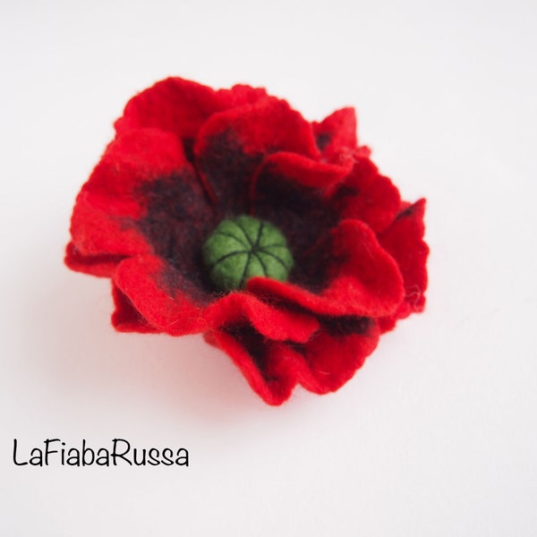 Red Poppy flowerMerino Wool Pin Hand Felt Flower Brooch for Women, Floral Accessories, Large felt flower, , Floral brooch by LaFiabaRussa