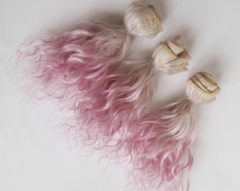 Curly Weft Mohair 1 meter platinum blonde and pink  dyed Doll Hair Goat hair wefted strong mohair hair simil human - LaFiabaRussa