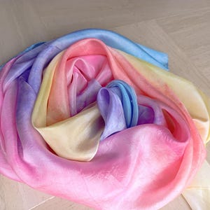 Playsilk Waldorf toys tie dye pure Silk item 105, scarf dress up, nature tables, Hand dyed pastel rainbow colors by LaFiabaRussa
