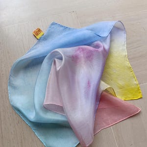 Playsilk Waldorf toys tie dye pure Silk item 102, scarf dress up, nature tables, Hand dyed pastel rainbow colors by LaFiabaRussa
