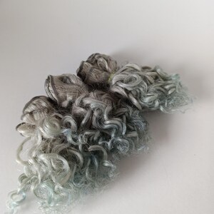Peut inclure: Trois paquets d'extensions de cheveux bouclés présentant un dégradé de couleurs allant du brun foncé au niveau des racines tissées jusqu'au gris argenté clair et bleu pâle aux pointes. La texture des cheveux est très frisée et volumineuse.