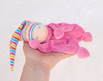 Waldorf doll for baby colorful elf sweet face - baby rattle clown, made to order in different colors, handmade by La Fiaba Russa