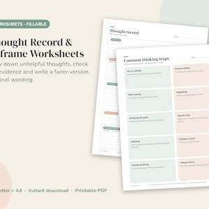 Puede incluir: Dos hojas de trabajo imprimibles tituladas Thought Record & Reframe Worksheets y Common Thinking Traps. Los documentos incluyen secciones para situaciones, pensamientos automáticos, evidencia y pensamientos equilibrados en cuadros pastel.