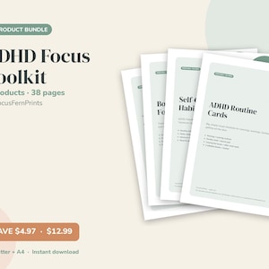 Könnte beinhalten: ADHD Focus Toolkit 4-Produkt-Bundle mit 38 Seiten druckbaren Dokumenten. Das Set enthält ADHD Routine Cards, Self-Care Habit Tracker und Body Focus Blätter mit grünen und pfirsichfarbenen kreisförmigen Akzenten auf hellem Grund.