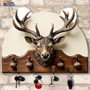 Flat Deer Head Key Holder, Rustic Wall Mounted Key Rack with 4 Hooks, Woodland Cabin Decor