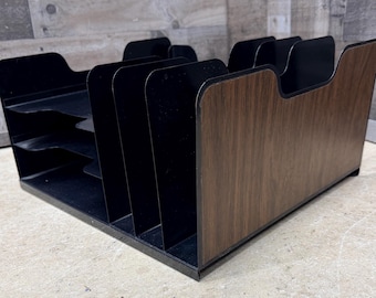 MCM Faux Wood Grain Office Organizer, Vintage Industrial Steel Paper File Storage