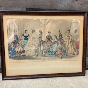 Antique Hand Colored Lithograph, Framed 23x18 Mms. Demorests Mirror of Fashions