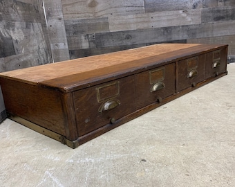 Antique 4 Dr Card Catalog, Oak Storage Cabinet Solid Wood with Brass Handles, Vintage Office File