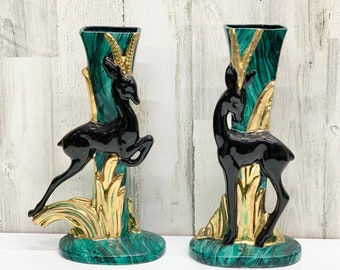 Pair of Mid Century Vases, African Animal Decor Gazelles?, Unique Retro Home Decor