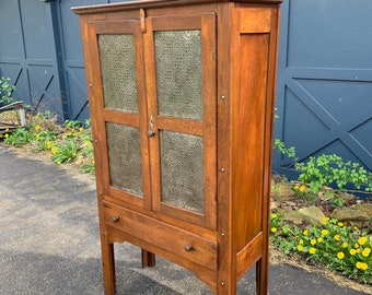 Antique 1800's Pie Safe Punched Tin Door Panels, Single Drawer Storage Cabinet