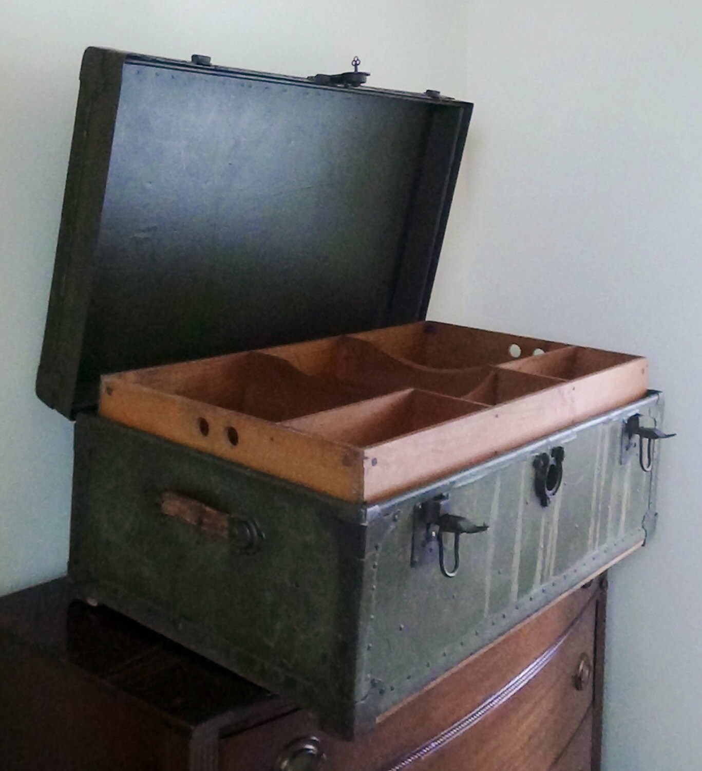 RESERVED Vintage WWII Military Footlocker Trunk with Wood Tray Etsy