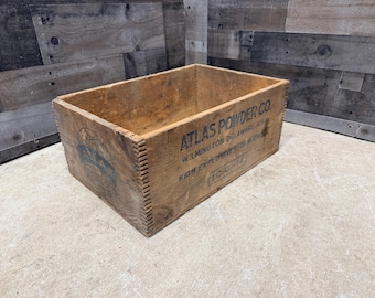 Antique Atlas Power Explosives Crate, Dovetail Storage Box with Industrial Advertising