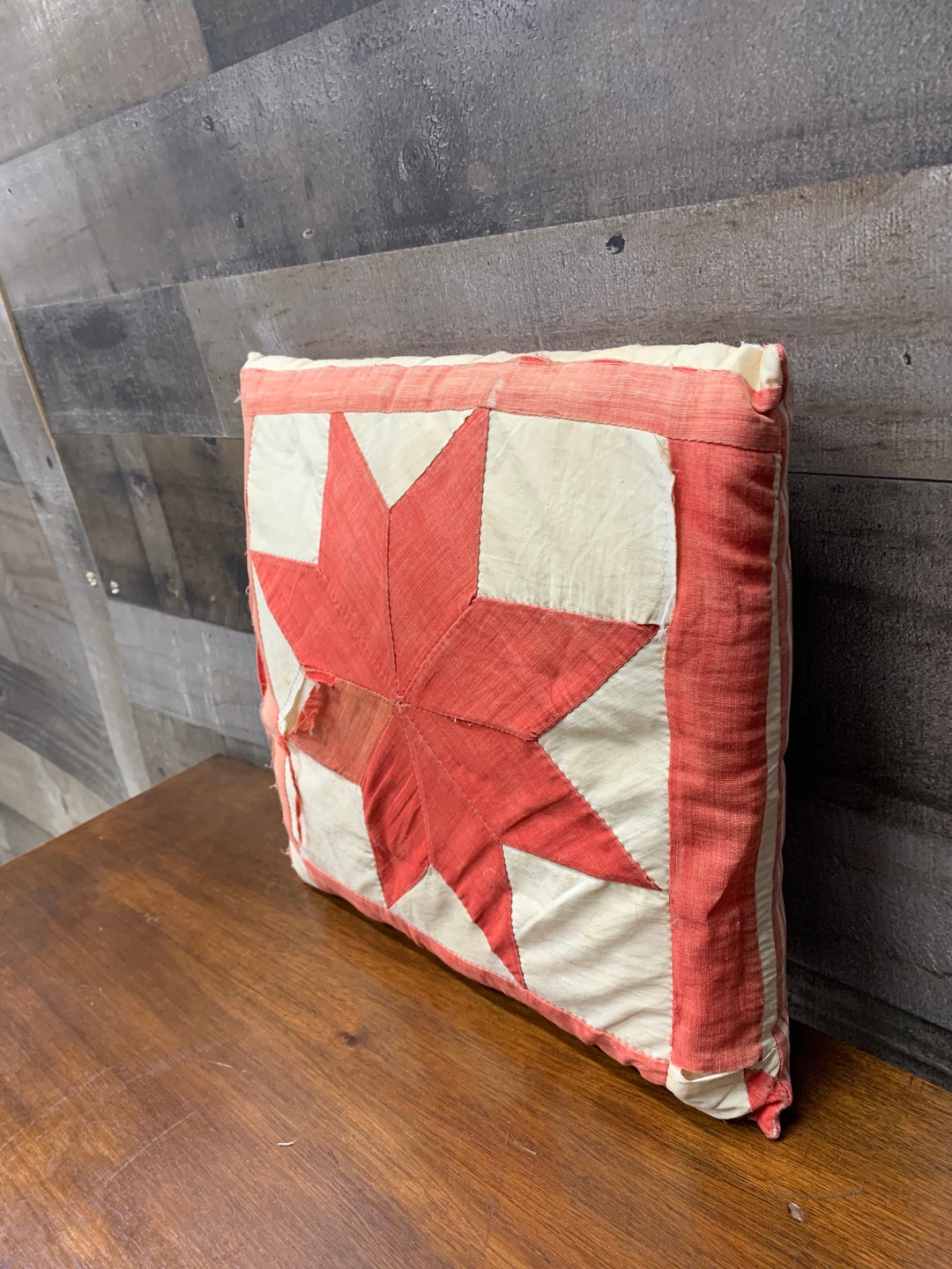 Vintage Red and White Quilt Pillow, Shabby Cottage Throw Pillow, Repurposed Worn Cutter Quilt