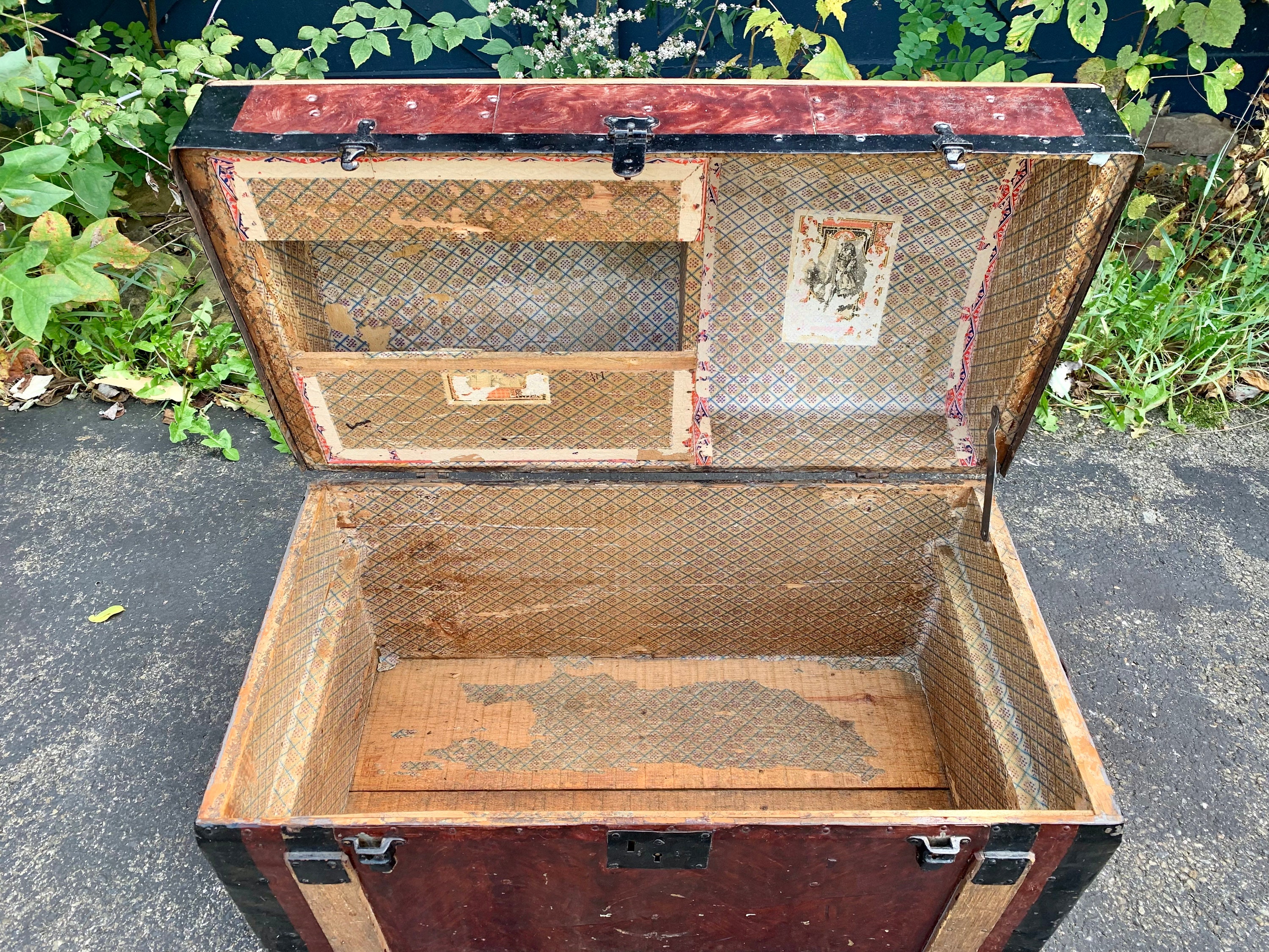 Antique 1880's Dome Top Steamer Trunk Brass Name Plate 