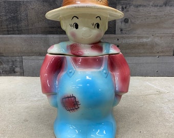 Vintage Farmer Cookie Jar, Adorable Farm Boy, Country Man in Overalls and Hat