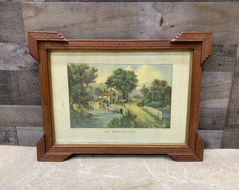 Vintage Carved Wood Eastlake Picture Frame, The Roadside Mill Print Under Glass