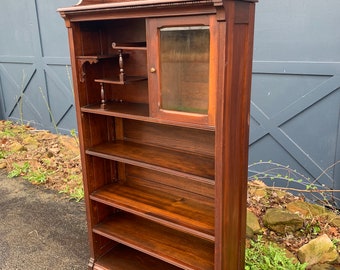 Antique Walnut Bookcase, Solid Wood Display Cabinet with Glass Door, Adjustable Shelves