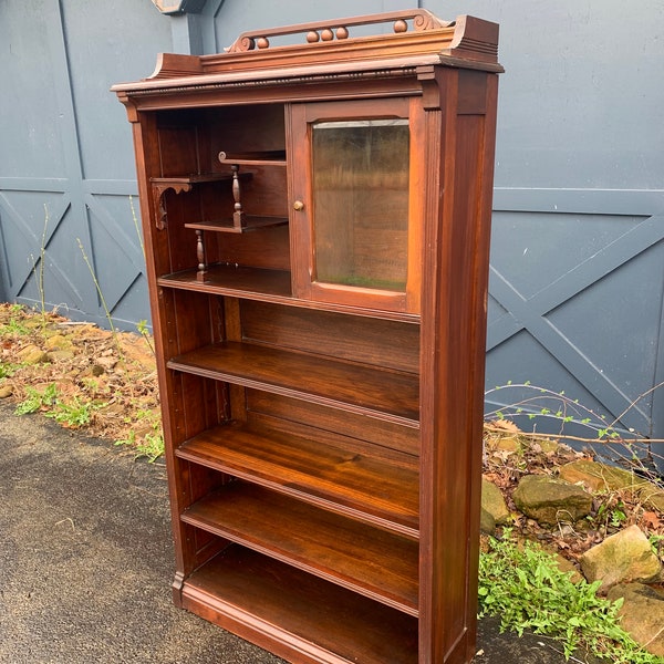 Antique Walnut Bookcase, Solid Wood Display Cabinet with Glass Door, Adjustable Shelves