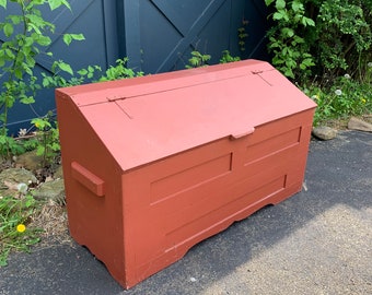 Antique Wood Feed Grain Bin, Red Painted Trunk Storage Chest, Primitive Farmhouse Furniture