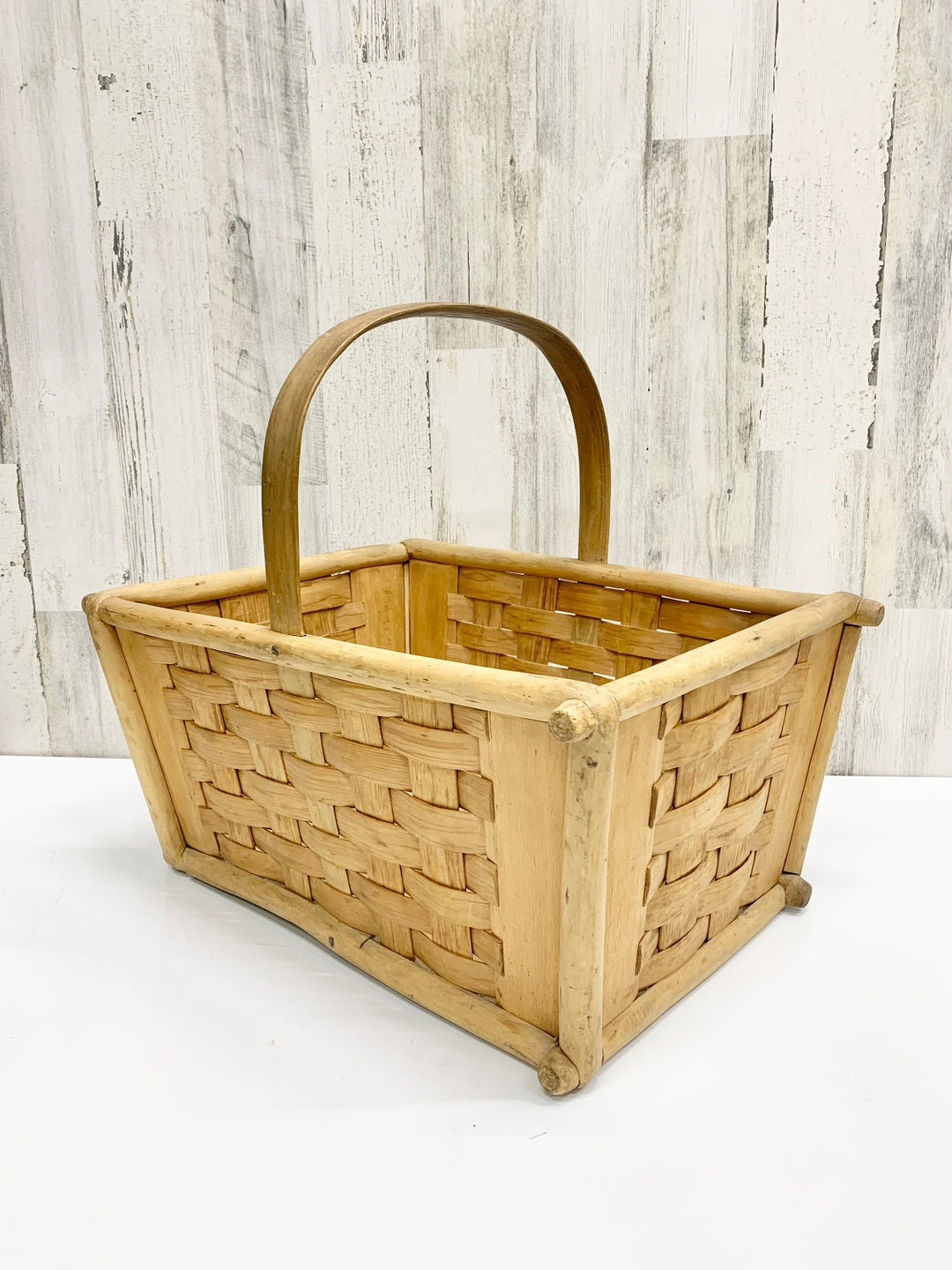 Vintage Woven Wood Basket With Bentwood Handle - Etsy