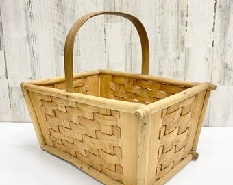 Vintage Woven Wood Basket with Bentwood Handle