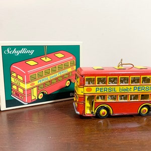 1995 Schylling Double Decker Bus Tin Toy Christmas Ornament Collector Series