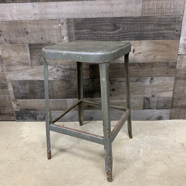 Vintage 24" Lyon Industrial Shop Stool, Steel Metal Gray Backless Chair