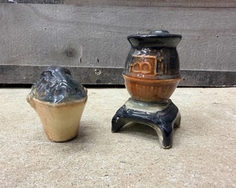 Vintage Pot Bellied Stove & Coal Bucket Salt and Pepper Shakers
