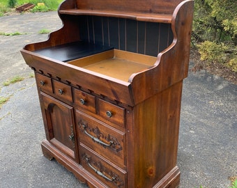 Vintage Wood Dry Sink with Copper Tray, Farmhouse Kitchen Storage Cabinet, Dining Room Country Style Buffet