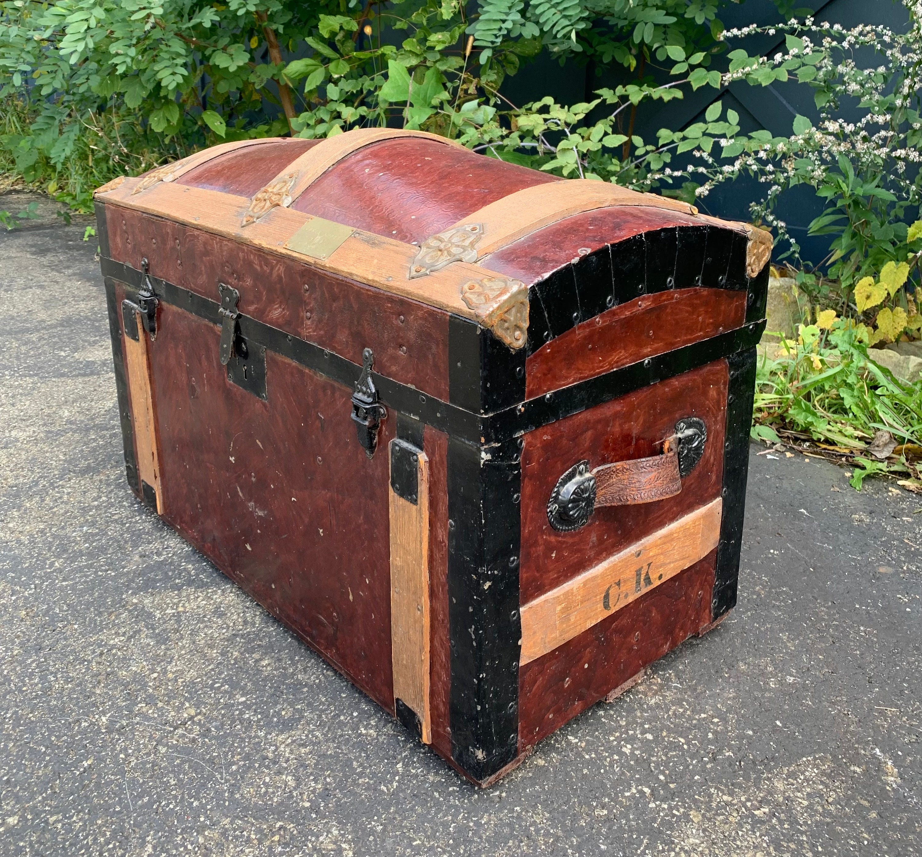 Antique Primitive Oak Slat Flat Top Steamer Trunk, vintage luggage