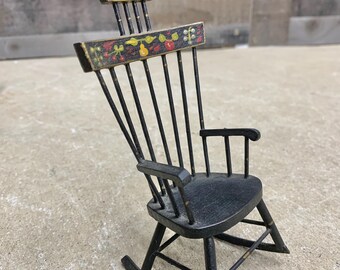 Vintage Miniature Pennsylvania Dutch Rocking Chair, Hand Painted Dollhouse Furniture