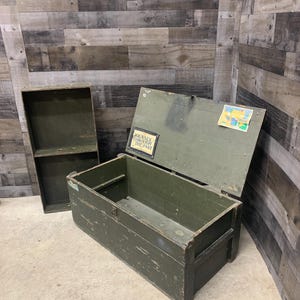 Vintage Military Footlocker with Tray, Antique Wood Storage Chest Trunk