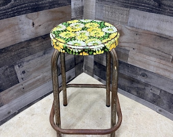 Mid Century Chrome Stool with Flowers, Vintage Metal Kitchen Seat