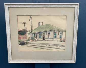 Wonderfully Detailed Vintage Train Station Drawing Framed, Colored Pencil Sketch, Artist Signed